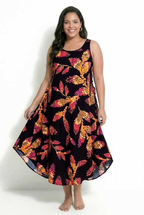 Robe midi sans manches, motif feuilles, décolleté rond et coupe évasée