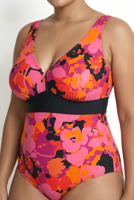 Maillot de bain, motif fleurs, bonnets souples et matière recyclée