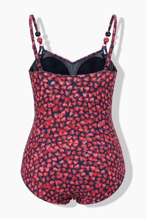 Maillot de bain à bonnets souples, motif fraises et perles, matière recyclée