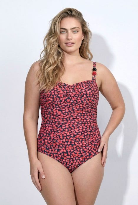 Maillot de bain à bonnets souples, motif fraises et perles, matière recyclée