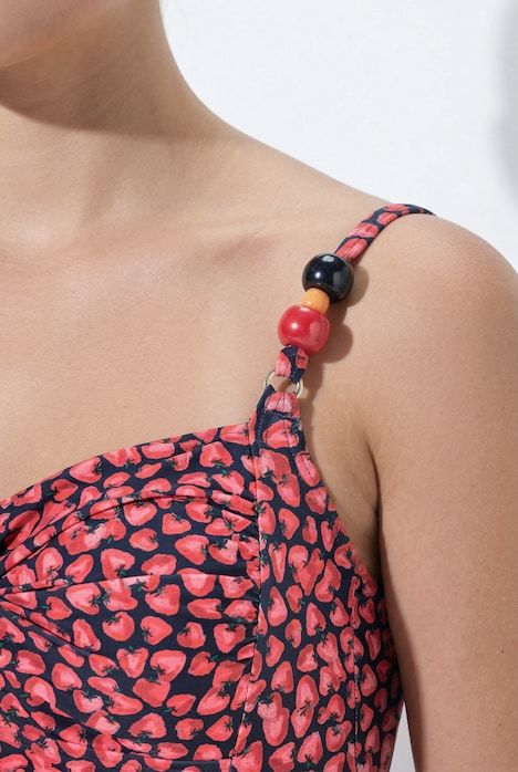 Maillot de bain à bonnets souples, motif fraises et perles, matière recyclée