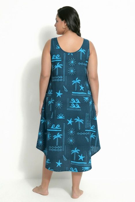 Robe midi sans manches, motif estival, décolleté rond et coupe évasée