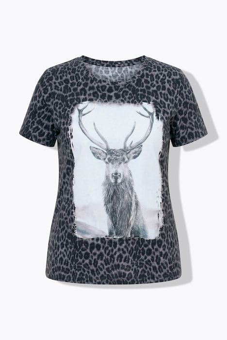 T-shirt motif léopard avec cerf, décolleté rond et manches courtes, coupe Classic Fit