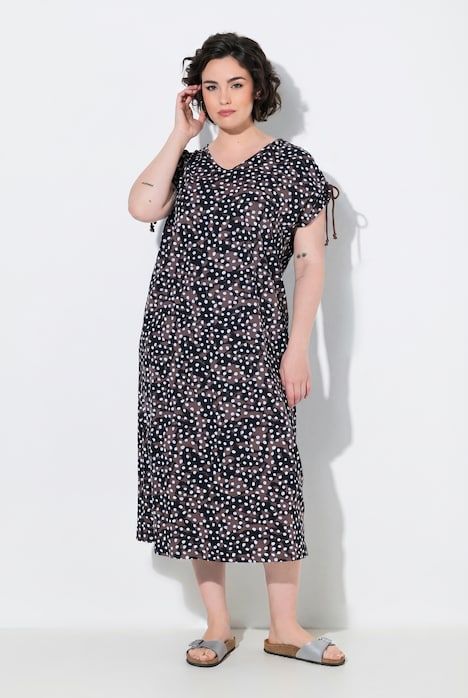Robe longueur midi, motif à pois, ruban à froncer aux extrémités des manches et décolleté en V