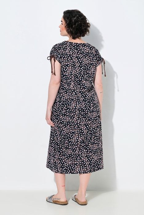 Robe longueur midi, motif à pois, ruban à froncer aux extrémités des manches et décolleté en V