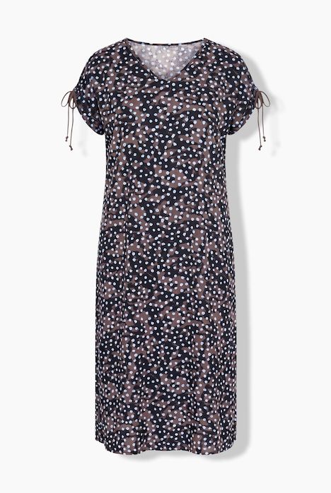 Robe longueur midi, motif à pois, ruban à froncer aux extrémités des manches et décolleté en V