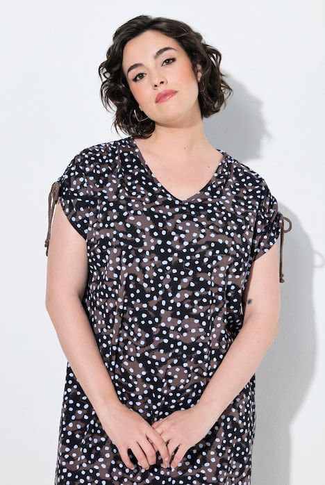 Robe longueur midi, motif à pois, ruban à froncer aux extrémités des manches et décolleté en V
