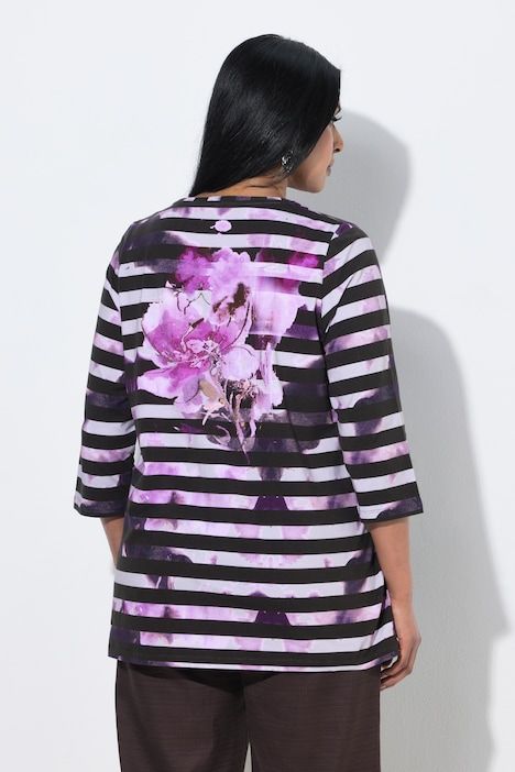 T-shirt en coton Pima rayé, décolleté rond et manches 3/4, coupe évasée