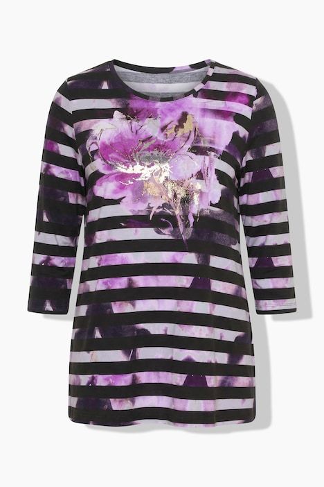 T-shirt en coton Pima rayé, décolleté rond et manches 3/4, coupe évasée