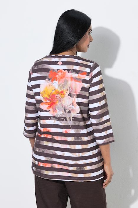 T-shirt en coton Pima rayé, décolleté rond et manches 3/4, coupe évasée