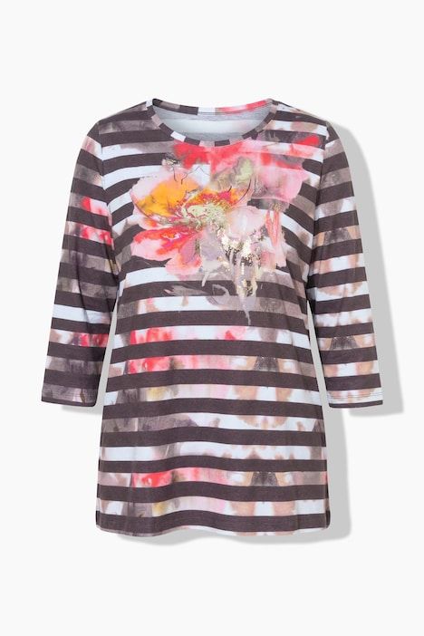 T-shirt en coton Pima rayé, décolleté rond et manches 3/4, coupe évasée