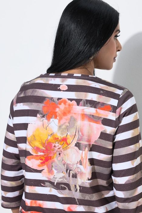 T-shirt en coton Pima rayé, décolleté rond et manches 3/4, coupe évasée