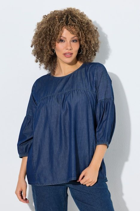 Blouse en jean, couture empire, décolleté rond et manches 3/4 ballon