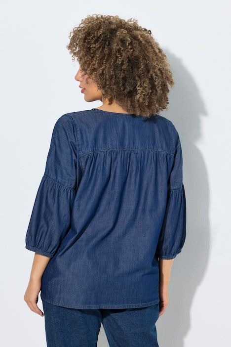 Blouse en jean, couture empire, décolleté rond et manches 3/4 ballon
