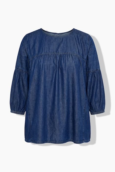 Blouse en jean, couture empire, décolleté rond et manches 3/4 ballon