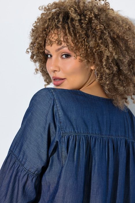 Blouse en jean, couture empire, décolleté rond et manches 3/4 ballon
