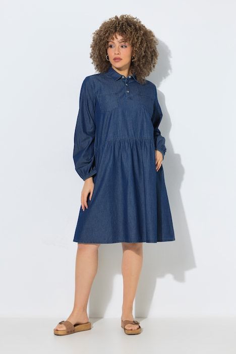 Robe en jean coupe évasée, col chemise et poches poitrine