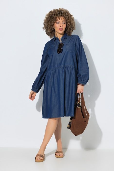 Robe en jean coupe évasée, col chemise et poches poitrine