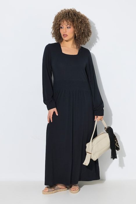 Robe maxi en jersey, décolleté carré et manches longues ballon, coupe évasée