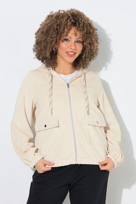 Veste en velours côtelé, capuche, manches 3/4 et base élastique, coupe évasée