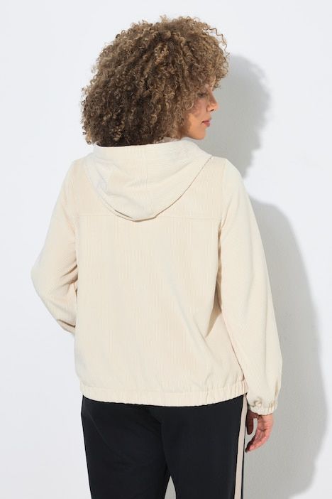 Veste en velours côtelé, capuche, manches 3/4 et base élastique, coupe évasée