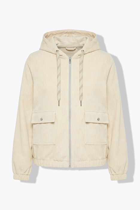 Veste en velours côtelé, capuche, manches 3/4 et base élastique, coupe évasée