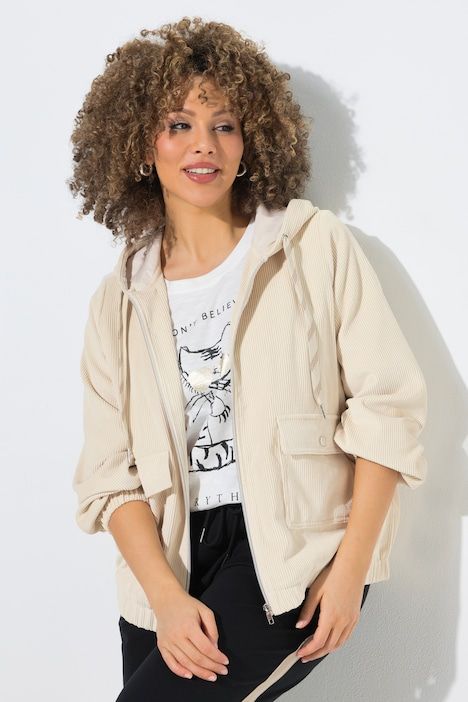 Veste en velours côtelé, capuche, manches 3/4 et base élastique, coupe évasée