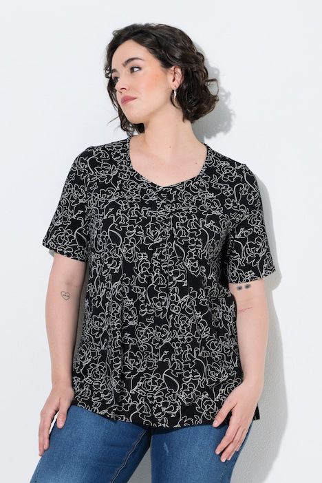 T-shirt à manches courtes, décolleté en forme de cœur avec plis fantaisie, coupe évasée