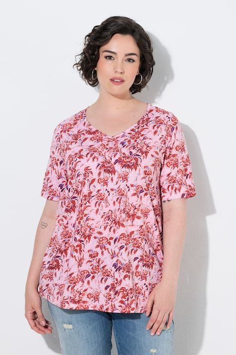 T-shirt motif floral, coupe évasée, décolleté en V et manches courtes