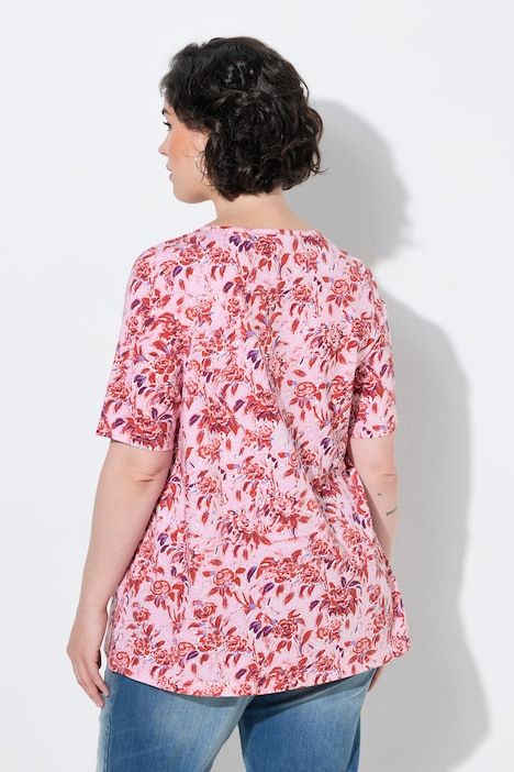 T-shirt motif floral, coupe évasée, décolleté en V et manches courtes