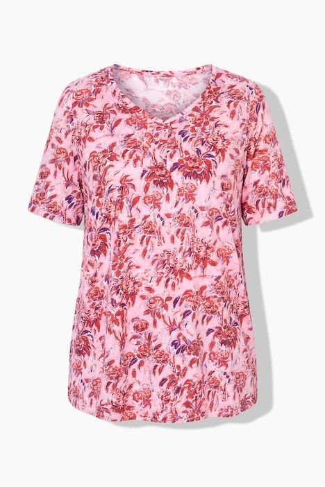 T-shirt motif floral, coupe évasée, décolleté en V et manches courtes