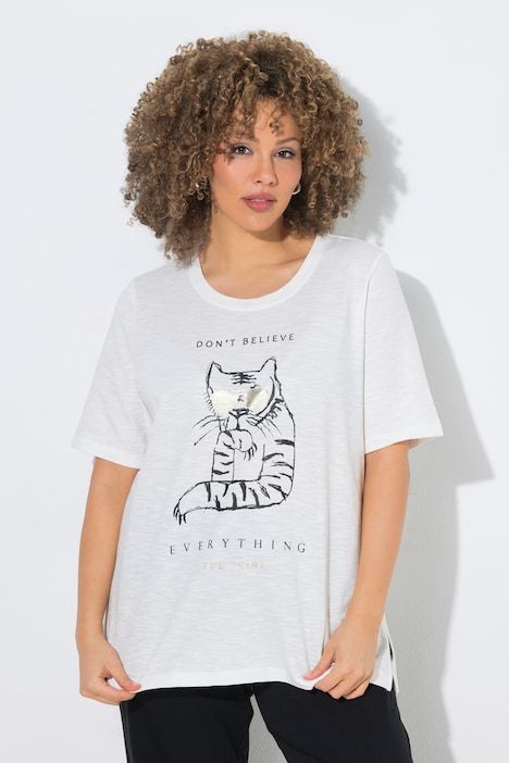 T-shirt oversize, motif chat, décolleté rond et manches courtes