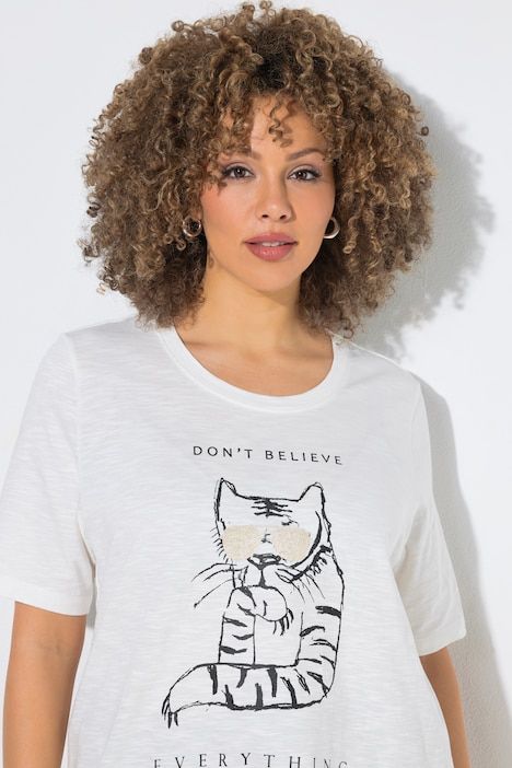 T-shirt oversize, motif chat, décolleté rond et manches courtes