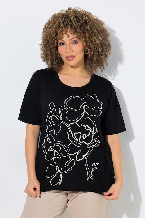 T-shirt oversize, broderies en fil de corde, décolleté rond et manches courtes