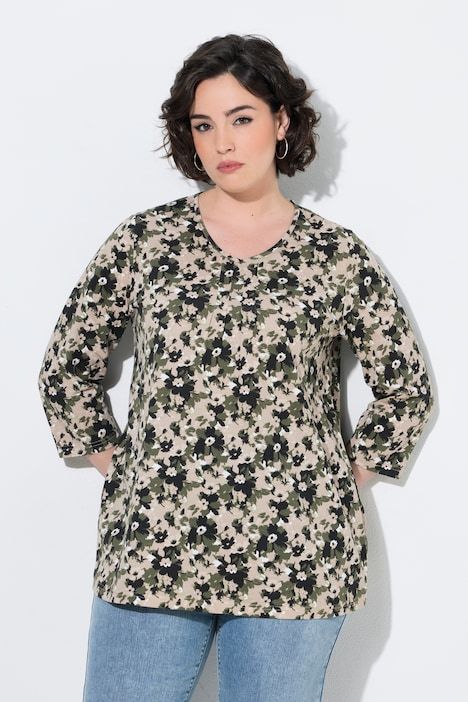 T-shirt à fleurs, plis fantaisie, décolleté en V et manches 3/4, coupe évasée