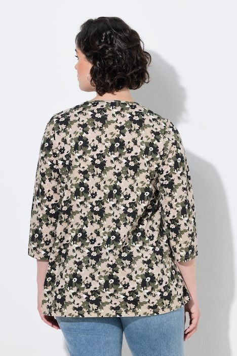 T-shirt à fleurs, plis fantaisie, décolleté en V et manches 3/4, coupe évasée