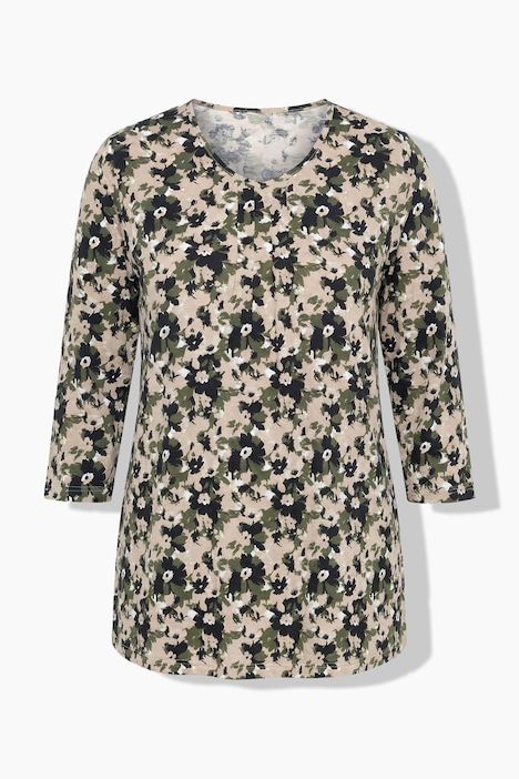 T-shirt à fleurs, plis fantaisie, décolleté en V et manches 3/4, coupe évasée