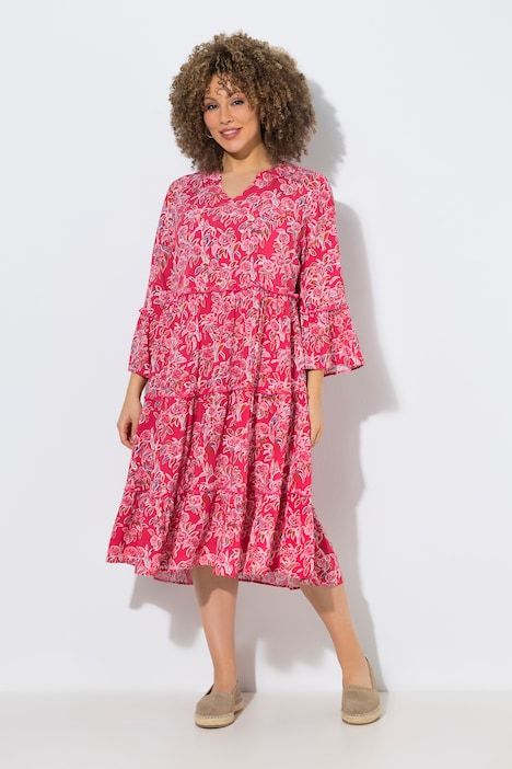 Robe caftan à volant, col tunisien et manches 3/4