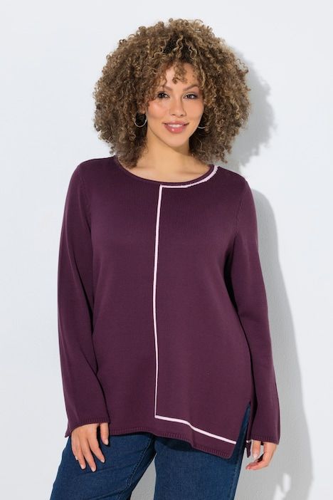 Pull col rond et manches longues, rayure fantaisie sur la partie gauche