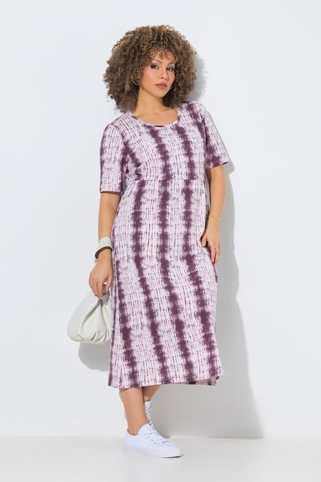 Robe midi avec rayures esprit batik, décolleté rond et manches courtes, coupe évasée