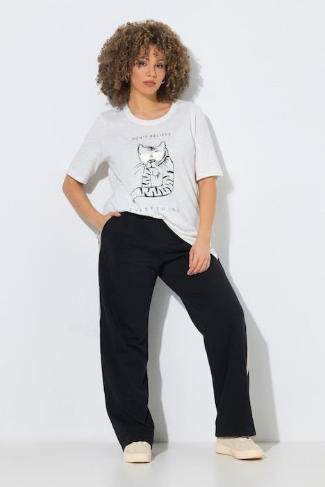Pantalon Rose en molleton, jambe large, taille élastique et galon contrastant sur la jambe
