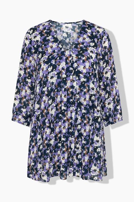 Blouse à fleurs, coupe évasée, plis godet, décolleté en V et manches 3/4