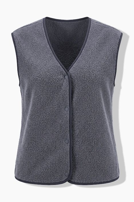 Gilet en polaire bouclée, coupe courte, encolure en V et boutons-pression, modèle sans manches