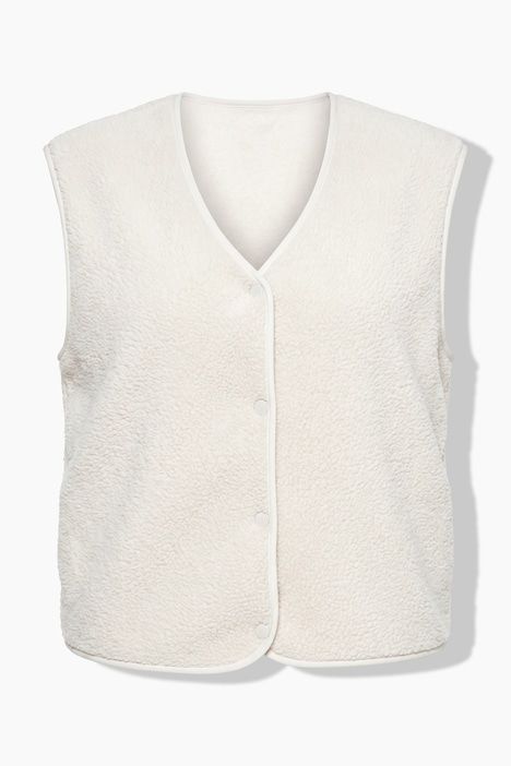 Gilet en polaire bouclée, coupe courte, encolure en V et boutons-pression, modèle sans manches