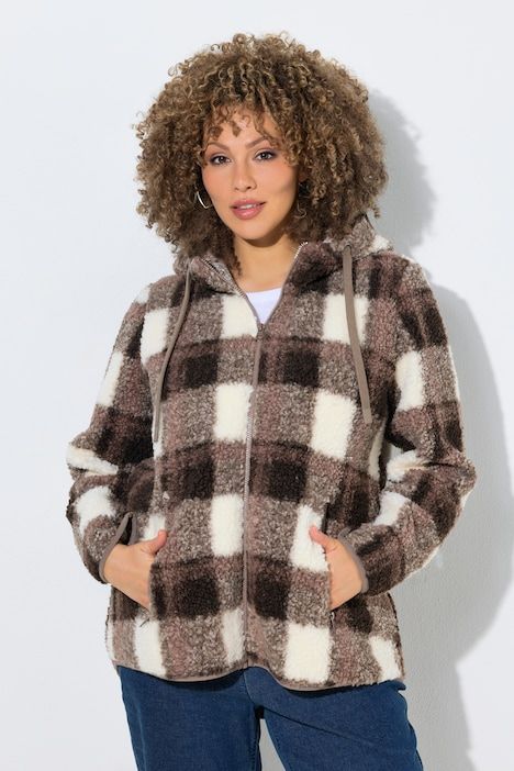 Veste longue en polaire bouclée, motif à carreaux, capuche et manches longues