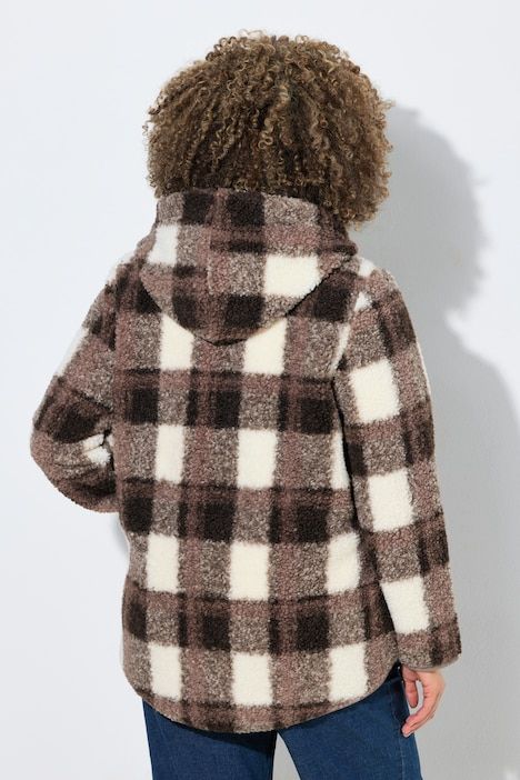 Veste longue en polaire bouclée, motif à carreaux, capuche et manches longues