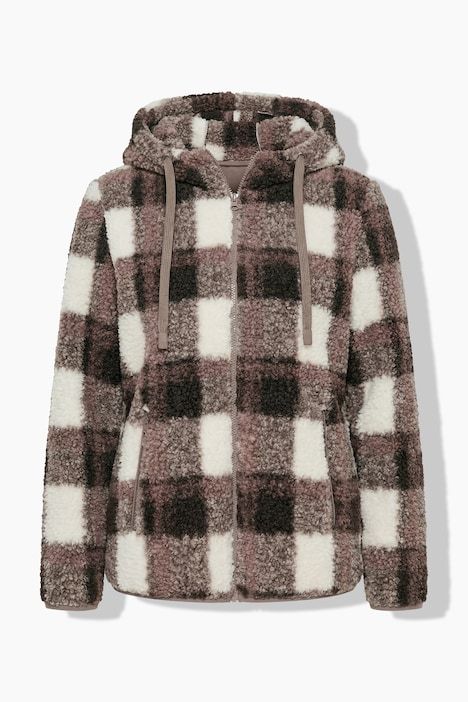 Veste longue en polaire bouclée, motif à carreaux, capuche et manches longues