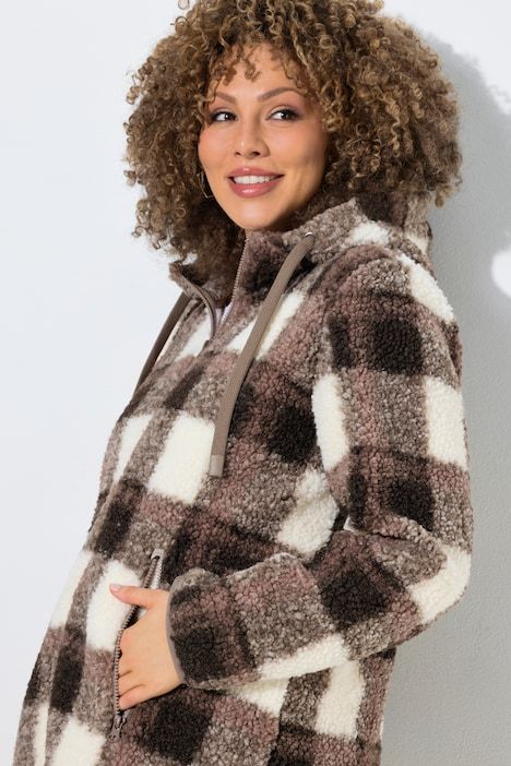Veste longue en polaire bouclée, motif à carreaux, capuche et manches longues
