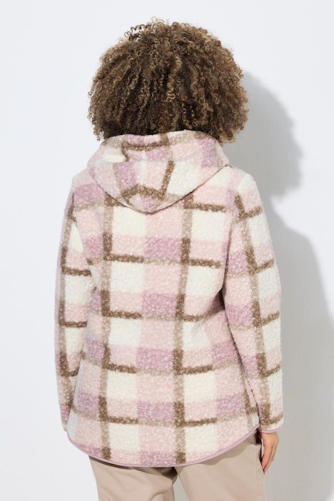 Veste longue en polaire bouclée, motif à carreaux, capuche et manches longues