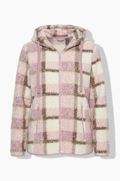 Veste longue en polaire bouclée, motif à carreaux, capuche et manches longues